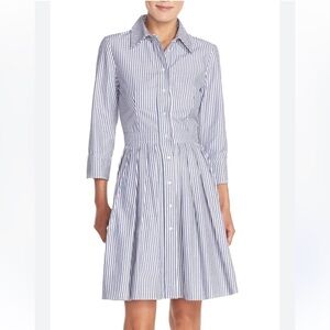 Eliza J 3/4 SLEEVE SHIRT DRESS Pin Stripe Button Front Collared Blue & White 14